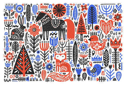 Forest wildlife in folk style flat vector illustration. Wild animals with Scandinavian floral decoration. Cute hare, fox, bird, horse with nordic ornate symbols. Postcard, banner, textile print