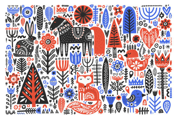Forest wildlife in folk style flat vector illustration Forest wildlife in folk style flat vector illustration. Wild animals with Scandinavian floral decoration. Cute hare, fox, bird, horse with nordic ornate symbols. Postcard, banner, textile print scandinavian culture stock illustrations