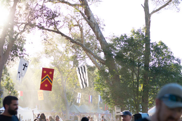 festival médiéval de l'abbaye 2019 : un drapeau médiéval rouge suspendu à une foule en mouvement - classical music music musical instrument brown photos et images de collection