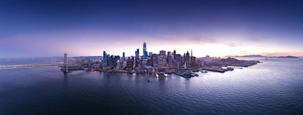 aerial view of san francisco city from the bay - san francisco county skyline panoramic california imagens e fotografias de stock