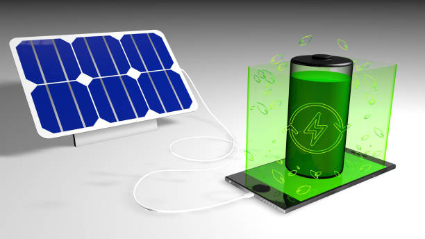 istock Solar panel charging a cell phone with the green screen where a green battery, leaves and green energy symbol come out on white background. 3D Illustration 1166120291