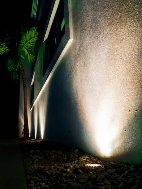 istock Side of a building with a palm tree and shadows 1166120894
