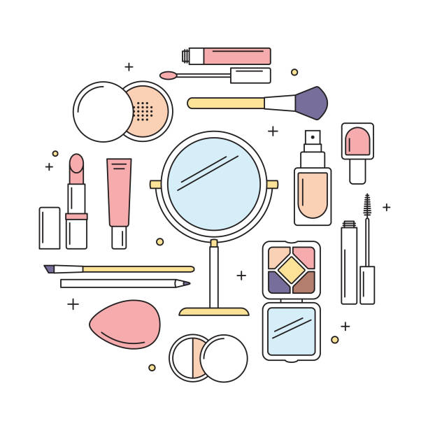 Make-up tools vector line icons round design template. Make-up tools, mirror, lipstick, lip gloss, mascara, eye shadow, powder, etc. Vector line icons, round design template. eyeliner brush stock illustrations