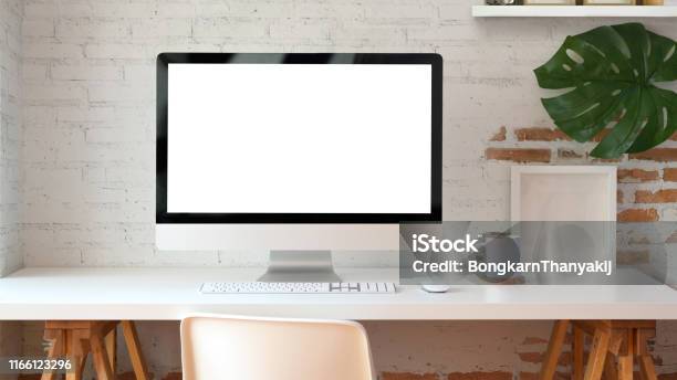 Blank Screen Desktop Computer In Minimal Office Room Stock Photo - Download  Image Now - iStock