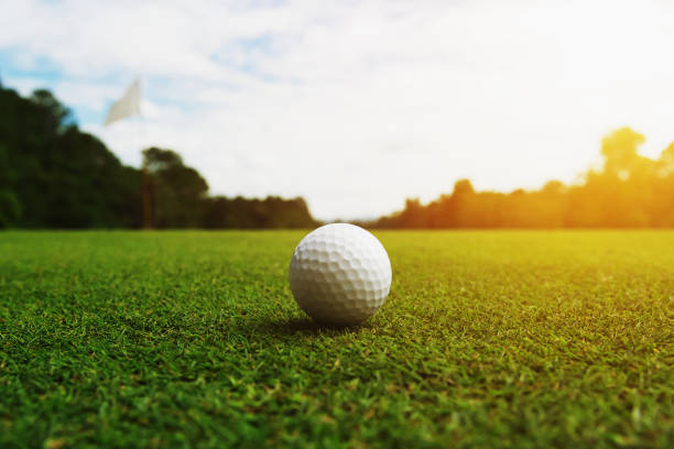 istock golf ball on green grass with hole and sunlight 1166125901