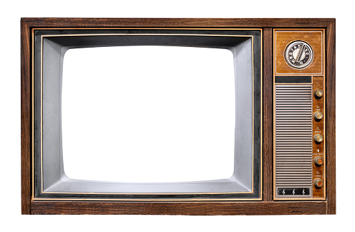 Vintage television - antique wooden box television with cut out frame screen isolate on white with clipping path for object, retro technology