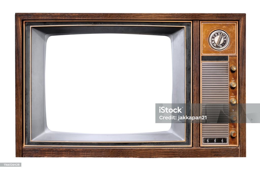 Vintage television Vintage television - antique wooden box television with cut out frame screen isolate on white with clipping path for object, retro technology Television Set Stock Photo