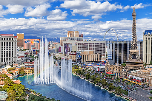 Las Vegas, USA - March 17, 2018 Aerial view of Las Vegas Strip at daytime in Nevada. The famous Las Vegas Strip with the Bellagio Fountain The Strip is home to the largest hotels and casinos in the world.