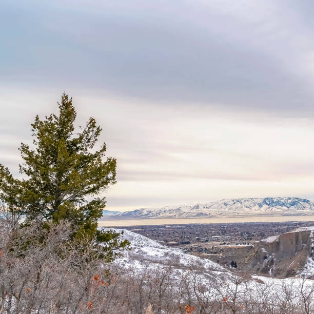 istock Square Snow covered mountain with road overlooking a valley under cloudy sky in winter 1166130774