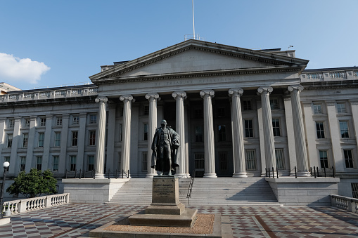 Washington, D.C., USA - July 20, 2019:This is the exterior views of the Department of the Treasury located adjacent to the White House in Washington, D.C.