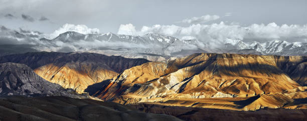 Panoramic view of snow mountains range landscape.