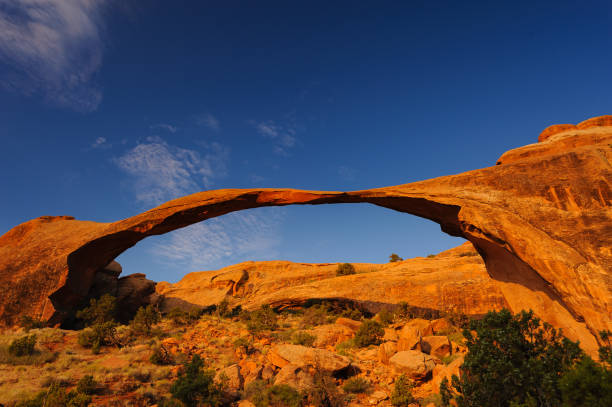 Landscape Arch Photography of Landscape Arch at Arches National Park USA landscape arch photos stock pictures, royalty-free photos & images