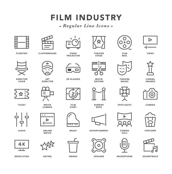 ilustraciones, imágenes clip art, dibujos animados e iconos de stock de industria cinematográfica - iconos de línea regular - high definition television audio