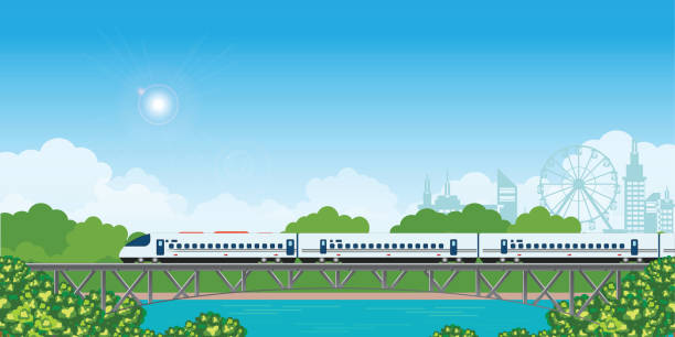 illustrazioni stock, clip art, cartoni animati e icone di tendenza di treno di velocità sul ponte ferroviario con vista foresta e città sullo sfondo. - mode of transport immagine