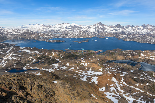 View from the mountain Qaqqartivakajik over the small town Tasiilaq and the Tasiilaq Fjord (Danish: Kong Oscars Havn).