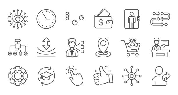 Artificial intelligence, Balance and Refer friend line icons. Timeline. Linear icon set. Vector Artificial intelligence, Balance and Refer friend line icons. Timeline, Multichannel. Linear icon set. Quality line set. Vector balance icons stock illustrations