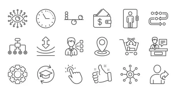 Vector illustration of Artificial intelligence, Balance and Refer friend line icons. Timeline. Linear icon set. Vector