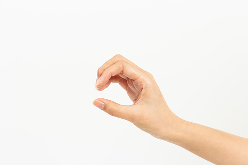 Woman hand motion on white background.