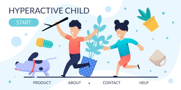 Hyperactive Children Problem Behavior Landing Page Hyperactive Children Problem Behavior Landing Page. Cartoon Kids Running after Dog. Houseplants in Mess. Attention Deficit Syndrome. Psychological Help. Disorder and ADHD. Flat Vector Illustration positive negative slide stock illustrations