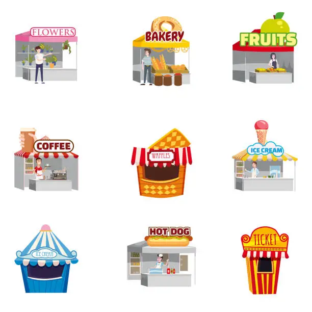 Vector illustration of Set Street Fair Outdoor Market stalls, shops summer trade tents stalls, kiosks canopy, awnings, tents, ice cream, coffee, hot dog, flowers, bakery. Flowers, farmers food and products. Vector isolated cartoon flat style