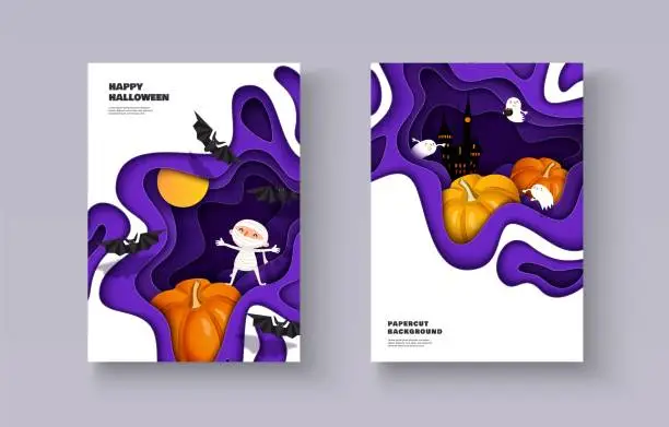 Vector illustration of Halloween 3d papercut layered design. Mummy, pumpkin, bat, castle, ghost, moon