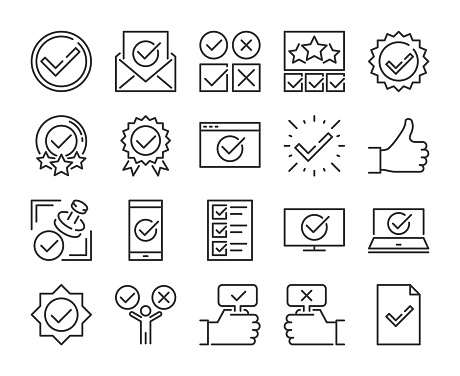 Approve icon. Approved and Check mark line icons set. Editable stroke. Pixel Perfect