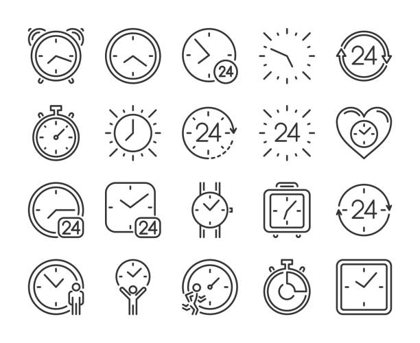 timer-symbol. zeitverwaltungszeilensymbole festgelegt. bearbeitbarer strich. pixel perfekt. - minutehand stock-grafiken, -clipart, -cartoons und -symbole