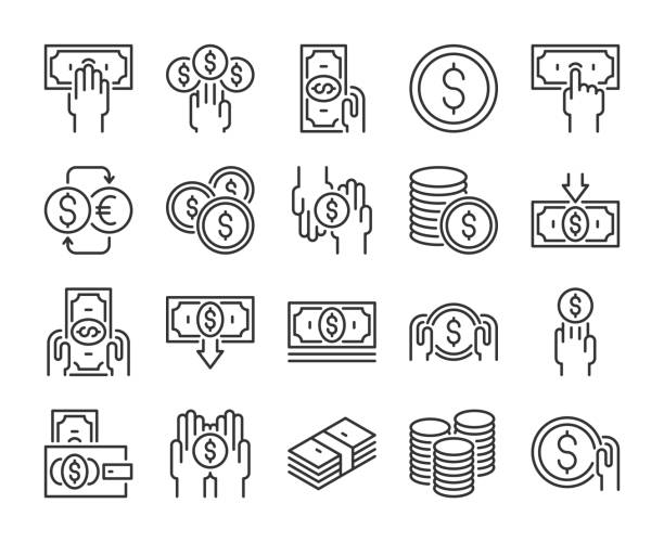 ilustrações de stock, clip art, desenhos animados e ícones de money icon. money and finance line icons set. editable stroke. pixel perfect. - stack currency coin symbol