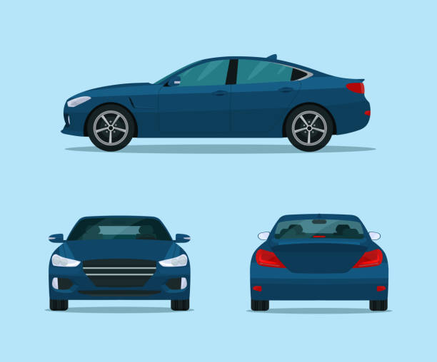 ilustraciones, imágenes clip art, dibujos animados e iconos de stock de sedán deportivo de coches azules aislado. sedán con vista lateral, vista trasera y vista frontal.  ilustración de estilo plano vectorial. - sedan