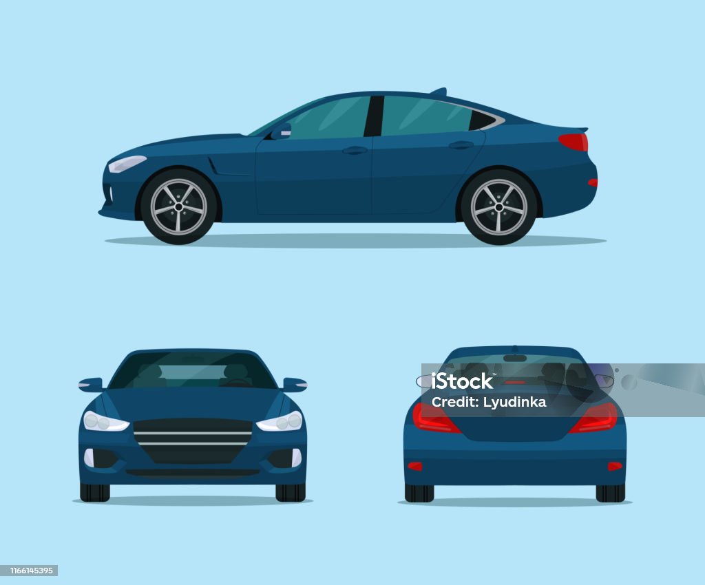 Blue car sport sedan isolated. Sedan with side view, back view and front view.  Vector flat style illustration. Car stock vector