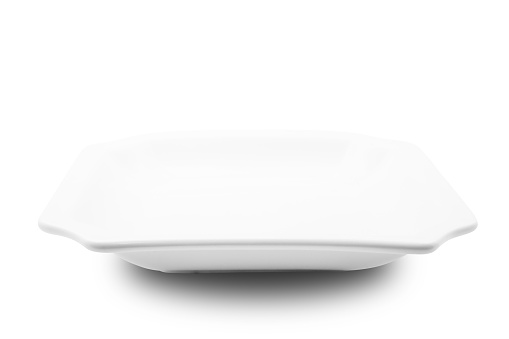 top-down view of a rectangular paper plate, commonly used for take-away meals, placed on a white background. The disposable packaging is designed in a white color, providing a clean and isolated appearance.