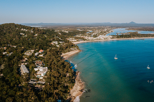 Aerial image high above Noosa Beach, Queensland Australia