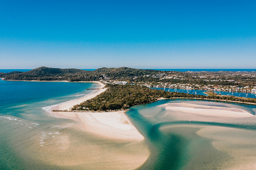Stunning aerial image above The Noosa River, Queensland, Australia