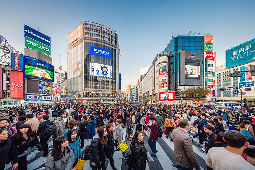 People crossing the crowded famous Shibuya Crossing in Downtown Tokyo, illuminated Shibuya Buildings with billboards in the background. Twilight light, close to sunset. Shibuya Crossing, Shibuya Ward, Tokyo, Japan, Asia.