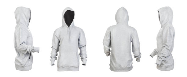 istock Blank gray hoodie with raised hood leftside, rightside, frontside and backside isolated on a white background 1166151362