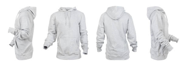 istock Blank gray hoodie with raised hood leftside, rightside, frontside and backside isolated on a white background 1166151461
