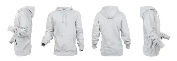 Blank gray hoodie with raised hood leftside, rightside, frontside and backside isolated on a white background