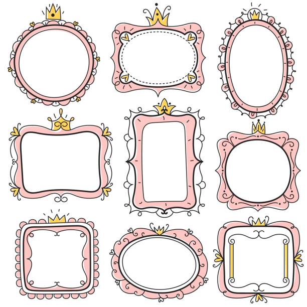 Princess frames. Pink cute floral mirror frames with crown, kids certificate borders. Little girl birthday invitation card vector set Princess frames. Pink cute floral mirror frames with crown, kids certificate borders. Little girl birthday invitation card vector creative vintage royal romantic template set mirror object borders stock illustrations