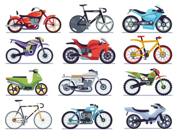 Vector illustration of Motorbike set. Motorcycles and scooters, bikes and choppers. Speed race and delivery retro and modern vehicles flat vector collection