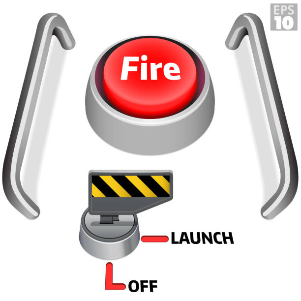illustrazioni stock, clip art, cartoni animati e icone di tendenza di avvia il centro di controllo con un grande pulsante rosso, il tasto di avvio di sicurezza attivato e la protezione del pulsante per l'interruttore antincendio. - push button off