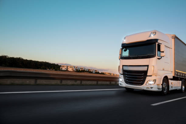 istock Truck with container on road, cargo transportation concept. 1166152447