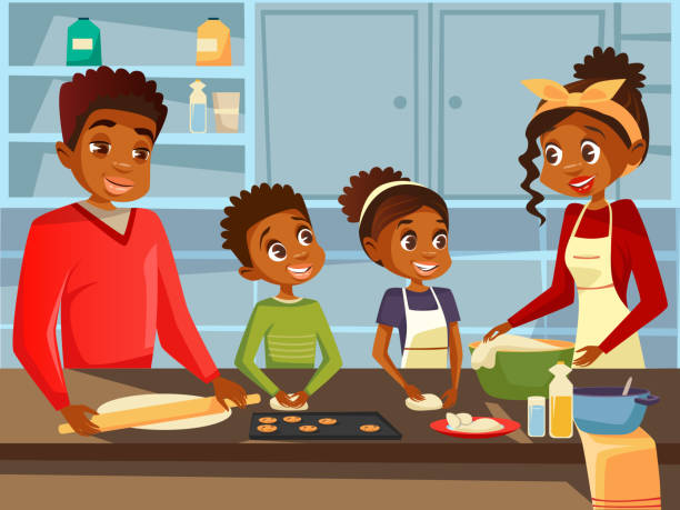 illustrations, cliparts, dessins animés et icônes de famille noire afro-américaine cuisinant ensemble à l'illustration plate de dessin animé de vecteur de cuisine des parents et des enfants africains préparant la nourriture de repas - domestic room child cartoon little boys