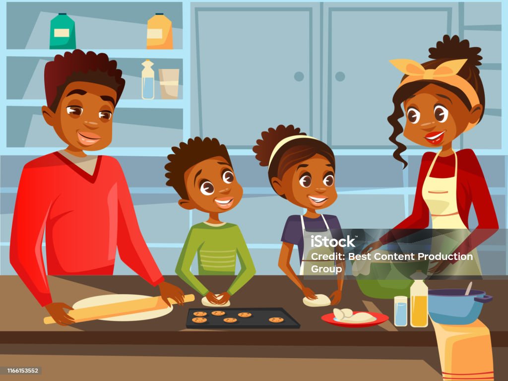 Afro American black family cooking together at kitchen vector flat cartoon illustration of African parents and children preparing meal food Afro American black family together preparing food meal at kitchen vector flat cartoon illustration. African family of happy father and mother with daughter and son children cooking together Cooking stock vector