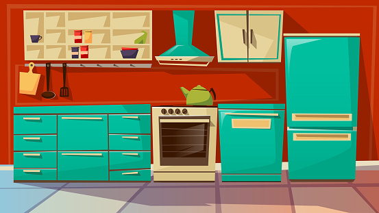 Ilustración de Cocina Interior Interior Fondo Vector Dibujos Animados  Ilustración De Muebles De Cocina Y Electrodomésticos y más Vectores Libres  de Derechos de Horno - Cocina - iStock