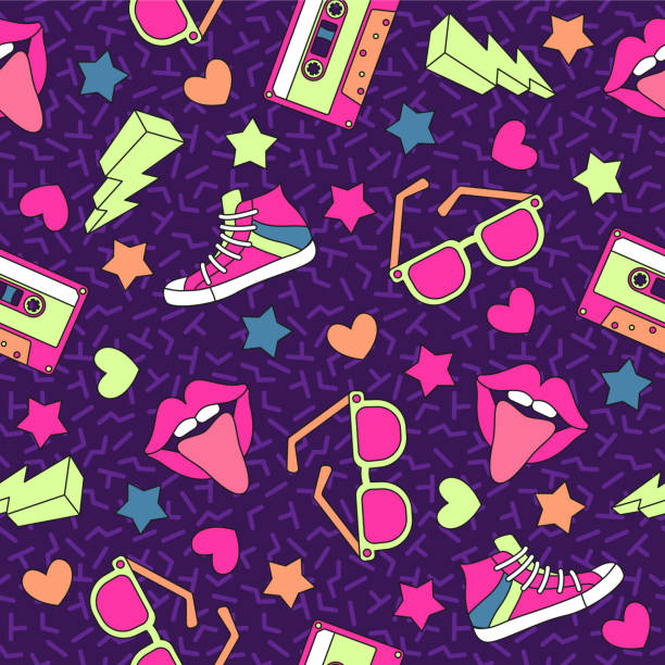 Retro cassettes pattern. Vintage cassette seamless background, stereo record media device. Music disco party 80s, 90s vector texture Retro cassettes pattern. Vintage cassette seamless background, stereo record media device. Music disco party 80s, 90s vector texture. Funky wallpaper with dance art print 90s background stock illustrations