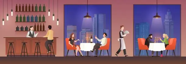 Vector illustration of People in restaurant. Families having lunch in food court, men women meeting eating meal drink, dinner cafe buffet flat vector concept