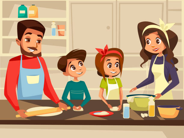 Modern European Family Cooking At Kitchen Vector Flat Cartoon Illustration  Of Family Together Preparing Meal Food Stock Illustration - Download Image  Now - iStock