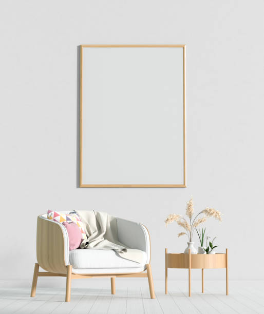istock Mock up poster frame in Scandinavian style interior with armchair. Minimalist interior design. 3D illustration. 1166154122