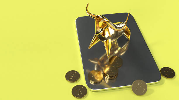 istock tablet  and bull gold 3d rendering for business content. 1166156380