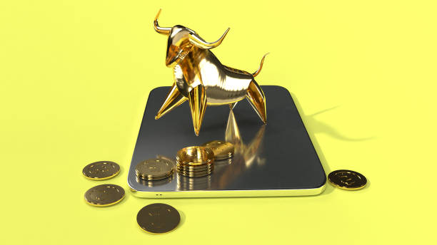 istock tablet  and bull gold 3d rendering for business content. 1166156505